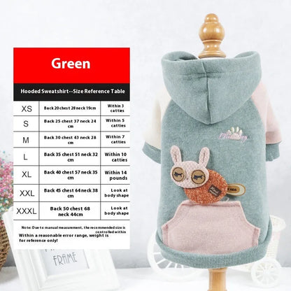 Cotton pet sweatshirt clothing for dogs and cats in brown, green, or pink colours