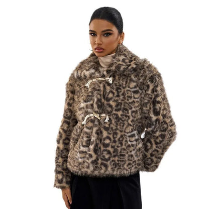 Leopard print women's coat with buckle lapel detail, regular sleeves, and street fashion style