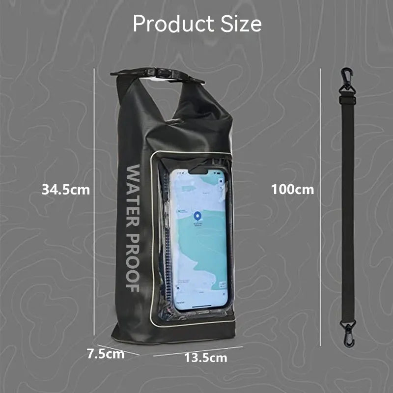 Army green PVC waterproof crossbody bag for mobile phones on a beach.