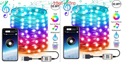 Programmable LED Christmas tree lights with app control showing custom colour animations on festive tree