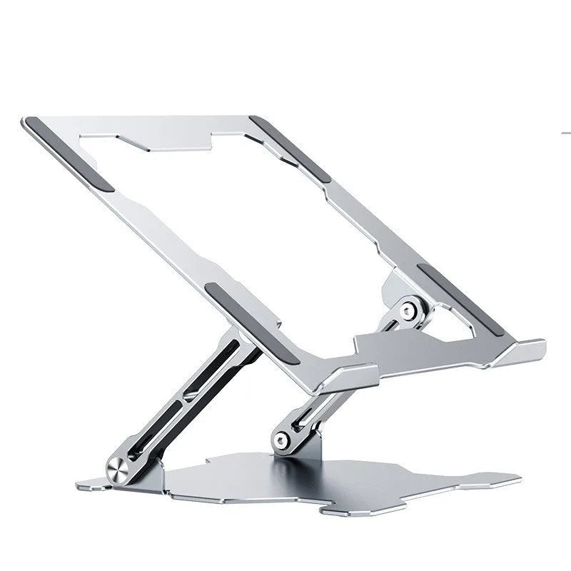 Grey aluminium alloy laptop stand with adjustable angle and folding legs for portable use