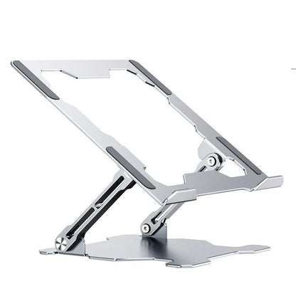 Grey aluminium alloy laptop stand with adjustable angle and folding legs for portable use