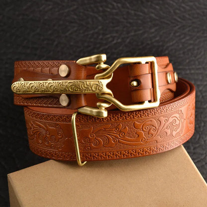 Men's leather belt with woven pattern and embossed buckle head, available in reddish brown and yellow brown