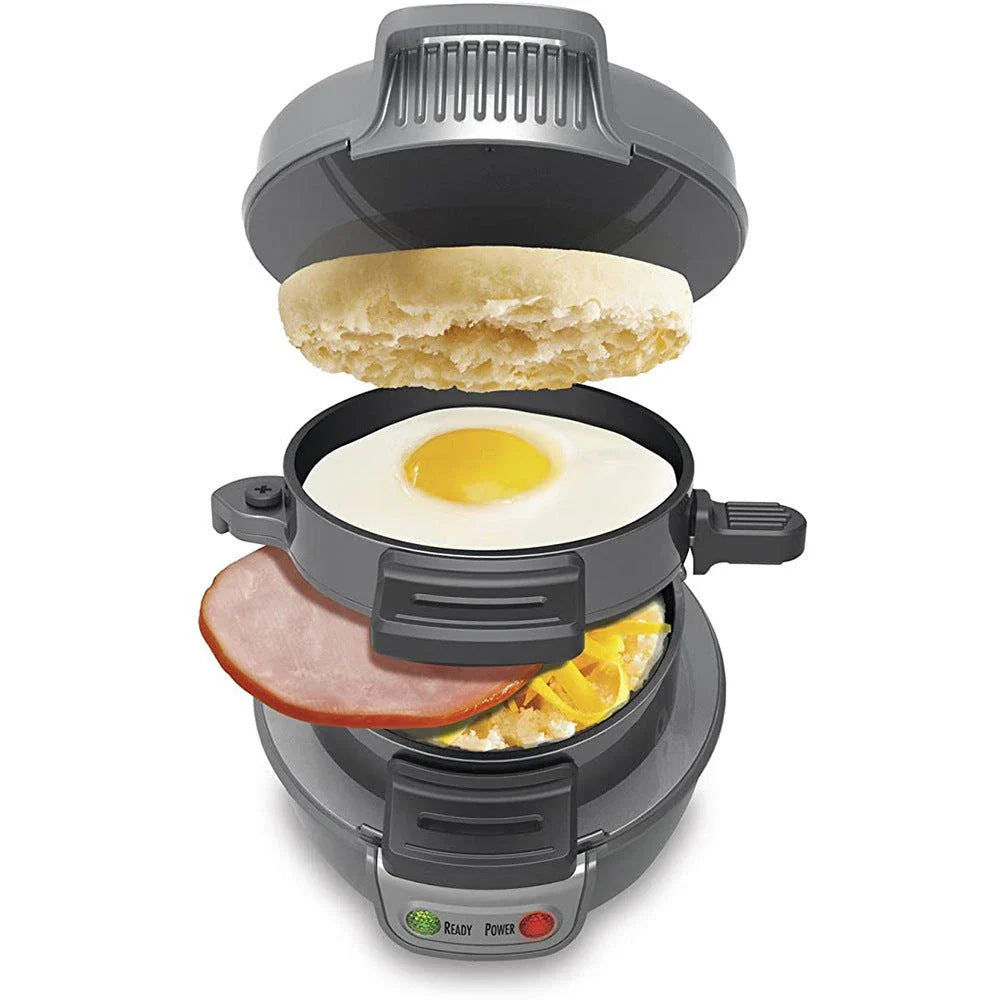 Versatile Breakfast Maker with sandwich, waffle, and egg cooking functions in bright red, orange, and silver gray colors
