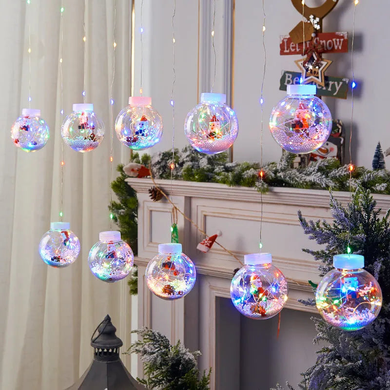 Christmas curtain light set with 10 fairy ball lamps showing snowman, wishing ball and Christmas tree designs