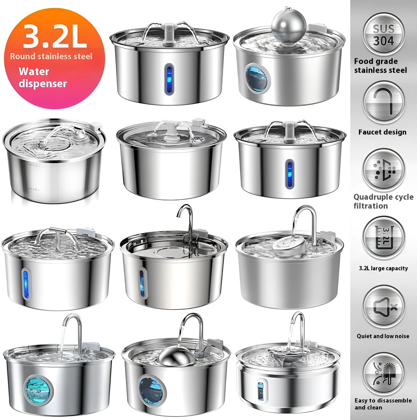 Stainless steel round pet water dispenser with 4L capacity and multiple outlet options