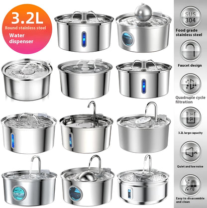 Stainless steel round pet water dispenser with 4L capacity and multiple outlet options
