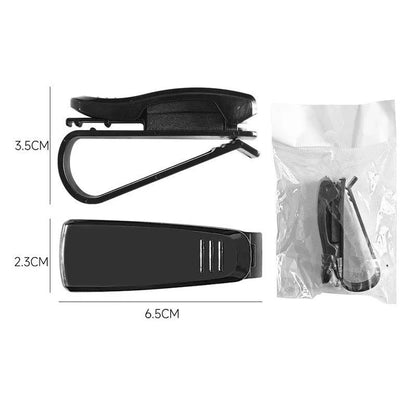 Black plastic car sun visor clip for glasses, tickets, and ID cards measuring 6.5cm long