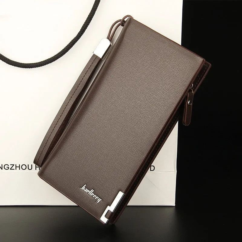 Men's long zip wallet in waterproof PU leather showing black and brown colour variations
