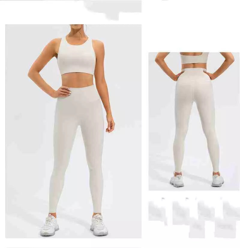 High waist running and yoga tight set in Lycra fabric, available in off-white, black, and dark brown