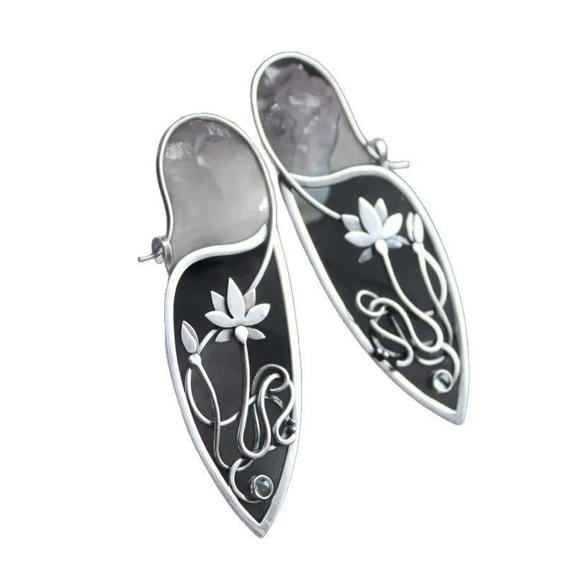 Silver electroplated alloy lotus vine earrings with geometric flower design and round rhinestone details