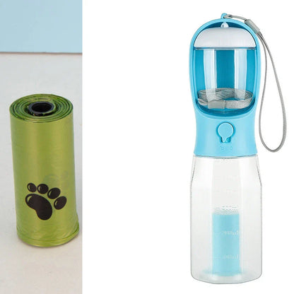 Multifunctional pet water bottle and feeder with poop dispenser in turquoise, pink, and white colors