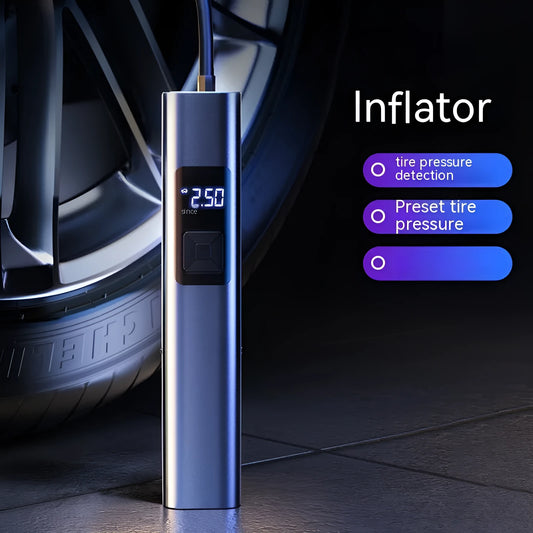 Handheld wireless car tyre inflator and vacuum cleaner with digital display on a black background.