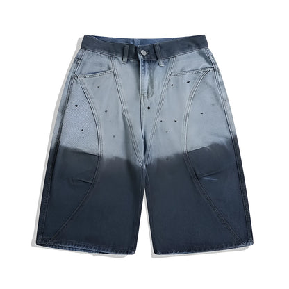 Blue women's cropped jeans with a loose fit, tie-dye gradient pattern, and distressed wash.