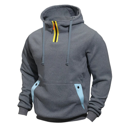 Men's loose zip pullover hoodie in solid colour polyester with size stick pocket, sizes M to XXXL