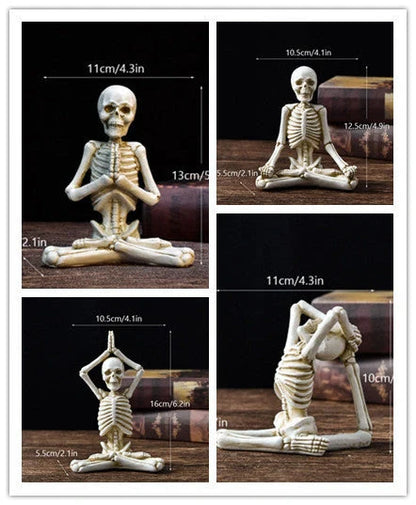 Spooky skeleton desktop decorations featuring intricate resin skulls and skeletons in vintage white and ominous black color options