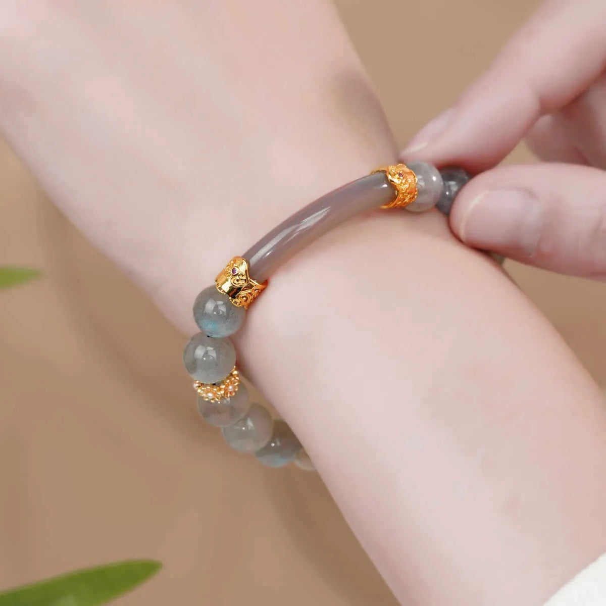 Grey moonstone bracelet for women with 8mm beads in a simple half-bracelet design