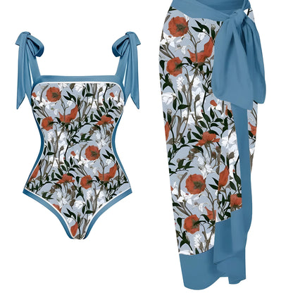 Women's floral printed two-piece swimsuit with chiffon hip skirt in multiple colour options