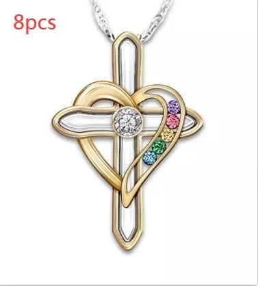 Men's Cross Love colorful imitation gemstone pendant alloy clavicle chain with adjustable length