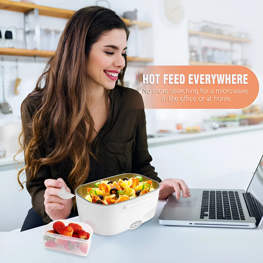 Grey dual-power electric heating lunch box showing 1.1-1.2 litre capacity with car and home plug options