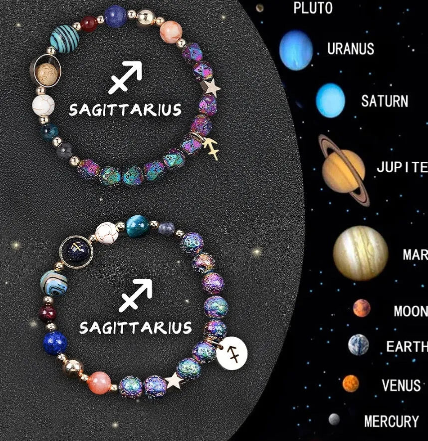 Adjustable natural stone zodiac beaded bracelet showing twelve different sign styles with 8mm beads
