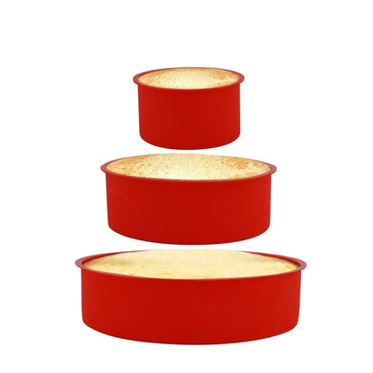 Red silicone round cake mould set showing 4-inch, 6-inch, and 8-inch sizes for baking