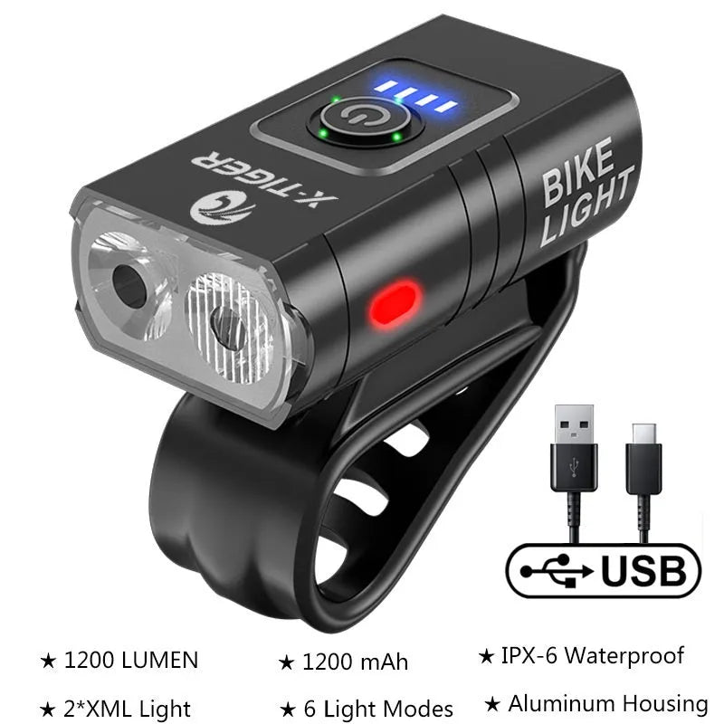 USB rechargeable bike light with double T6 lamp beads, 1200 lumens, aluminium alloy frame, IPX-6 waterproof