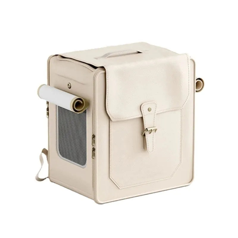 Foldable large capacity cat carrier bag in hard PU, shown in milky white or army green with optional pull rod