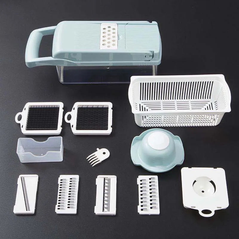 Multifunctional vegetable cutter with seven stainless steel blades on a food-grade plastic body.
