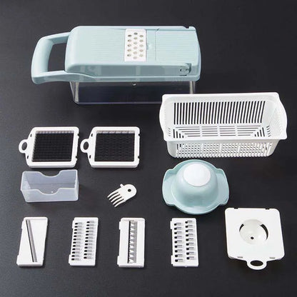 Multifunctional vegetable cutter with seven stainless steel blades on a food-grade plastic body.