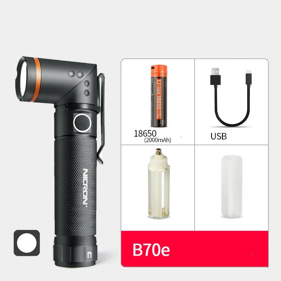 Grey black hands-free LED flashlight with magnetic base and rotary clip for mounting