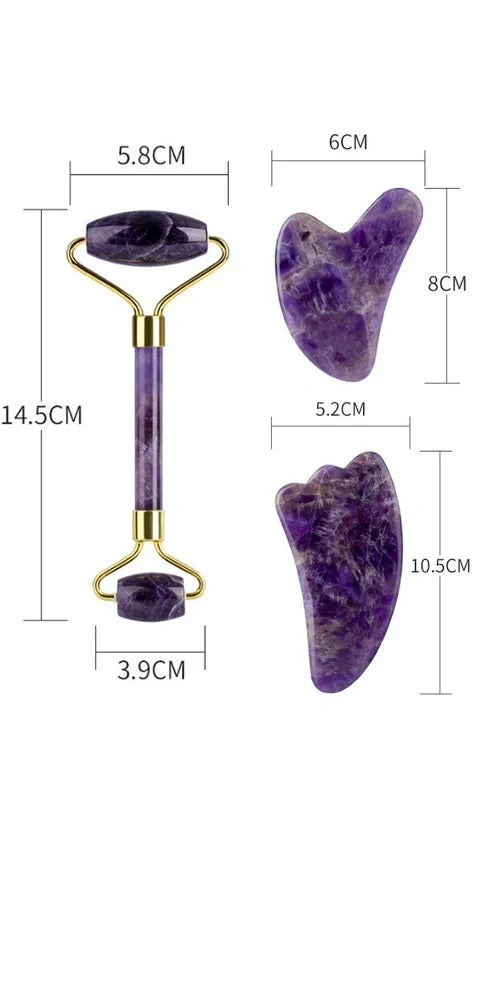 Amethyst facial roller set with heart-shaped gua sha and claw massage tools on white background