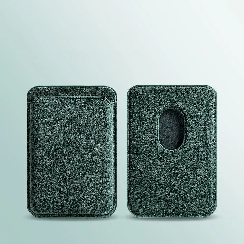 Suede magnetic wireless charger phone case for iPhone with card bag, dark green, back cover