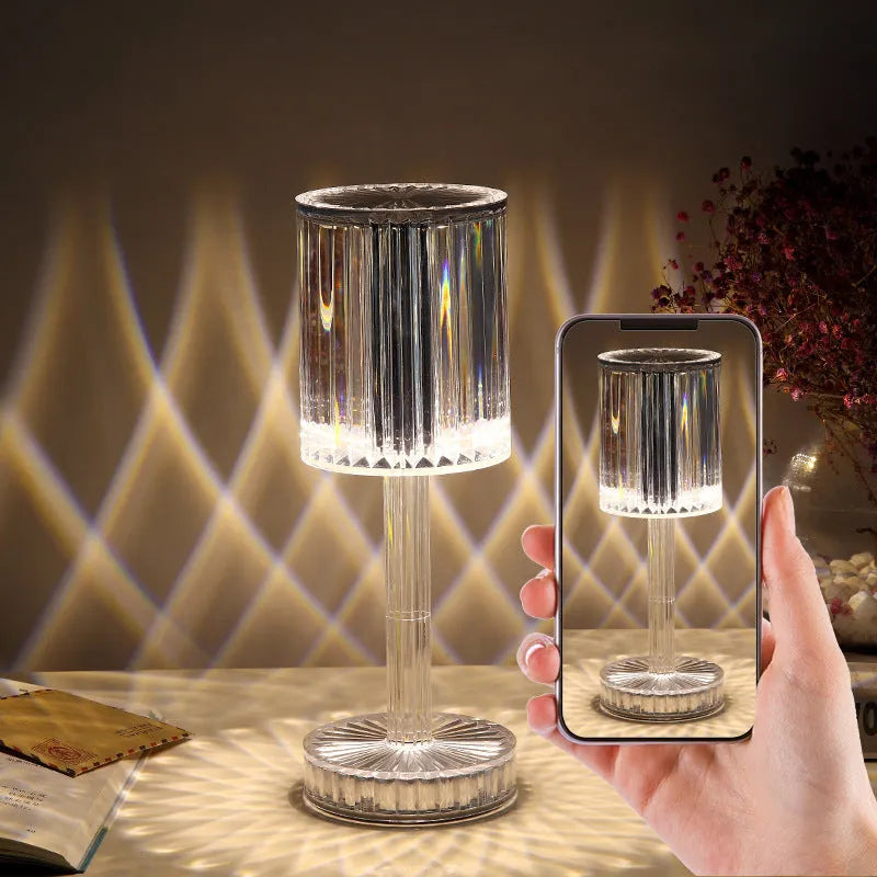 Crystal table lamp with K9 crystal shade and touch dimmable LED lighting on wooden table