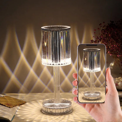 Crystal table lamp with K9 crystal shade and touch dimmable LED lighting on wooden table