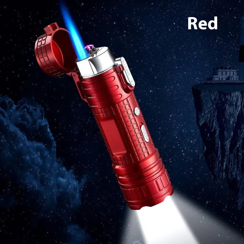 TH727 metal waterproof flashlight lighter in camouflage colour showing plasma arc and torch beam