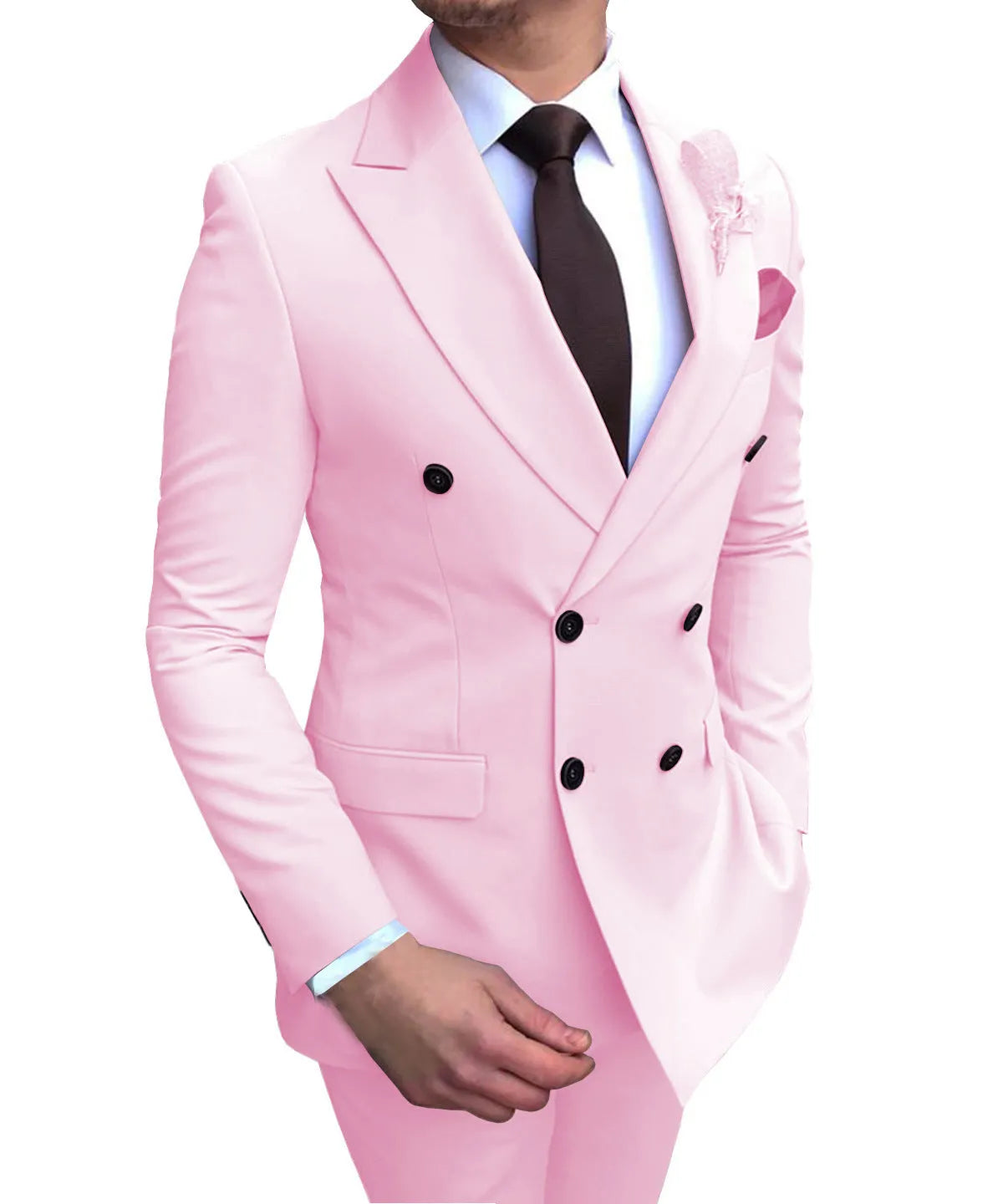 Men's two-piece slim fit wedding suit with straight collar and side slits, available in 15 colours and sizes XS to 5XL.