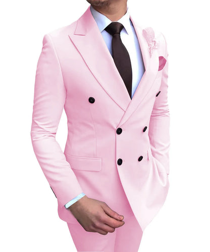 Men's two-piece slim fit wedding suit with straight collar and side slits, available in 15 colours and sizes XS to 5XL.