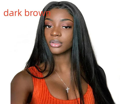 Long black straight synthetic wig on a stand, showing centre parting and full fringe