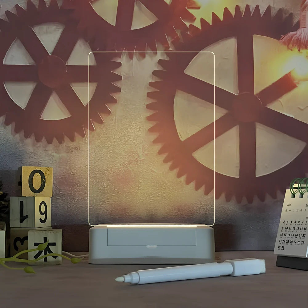 Transparent luminous acrylic note board measuring 100mm x 160mm with erasable surface and included pen