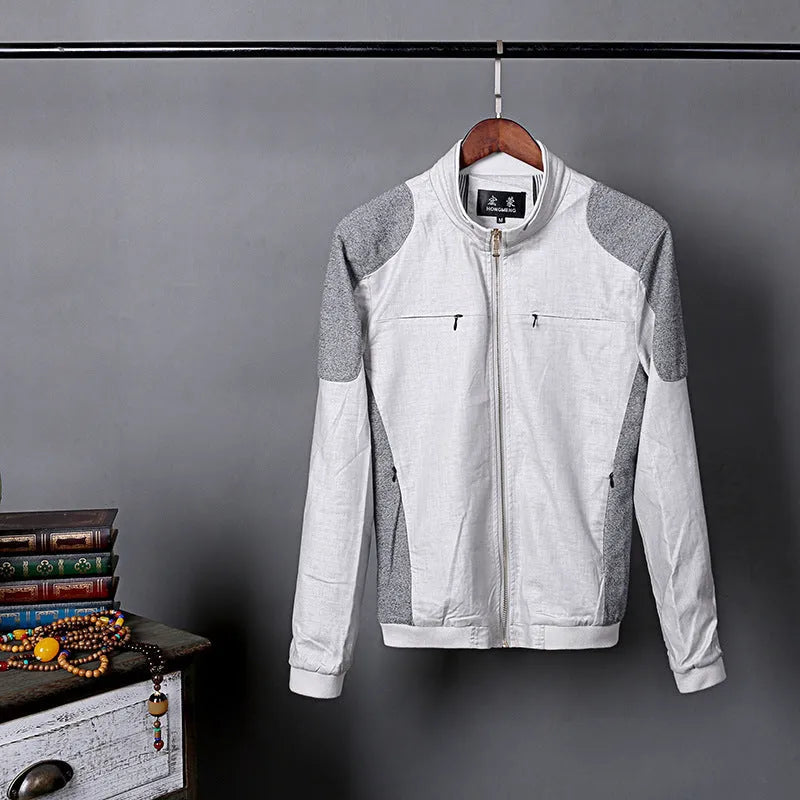 Men's thin linen jacket in cotton fabric, available in sizes M to 6XL, regular fit suitable for plus size men, available in heather gray, grass green, and blue colours for casual leisure wear, with a colour matching pattern design.