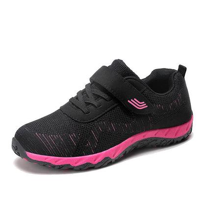 Women's grey purple soft sole velcro shoes with a low-top mesh upper and wedge heel.