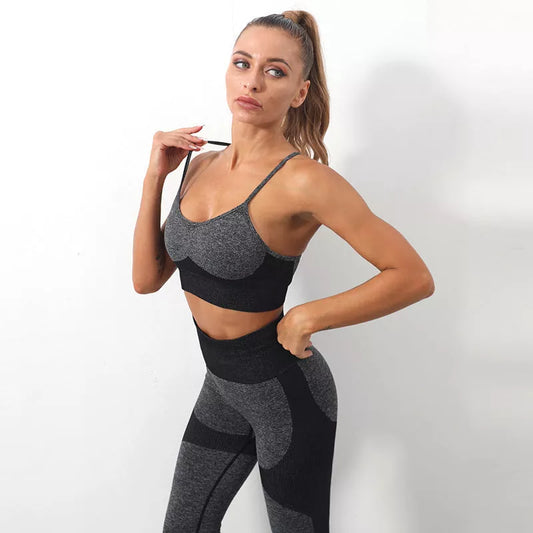 Women's seamless knitted sling sports bra yoga suit in purple, gray, green, and black