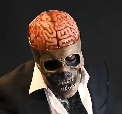 Halloween skull mask with movable jaw showing brain flower design in vinyl construction