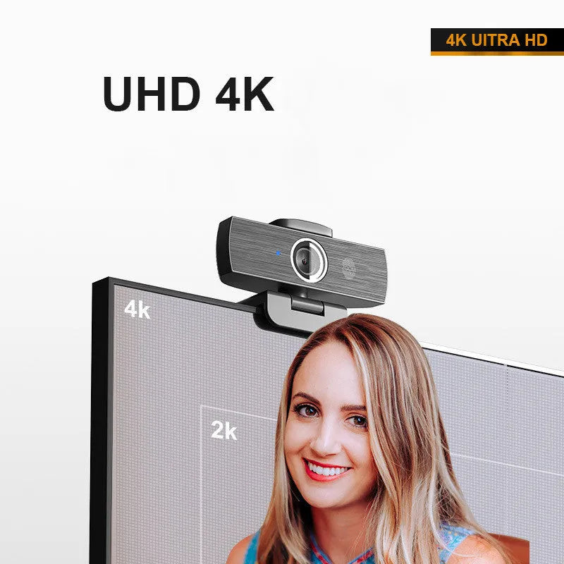 Black USB webcam with 8MP CMOS sensor for 4K video at 60FPS, includes magnetic privacy cover for lens protection
