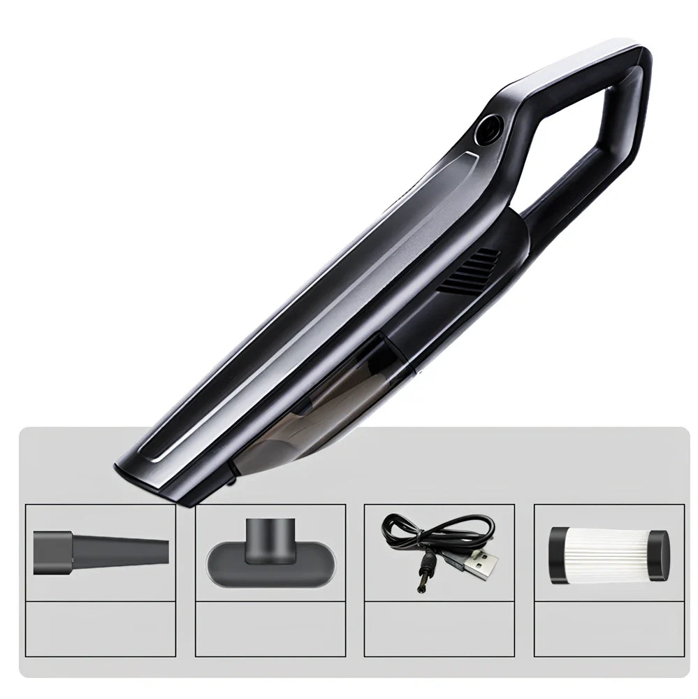 Handheld car vacuum cleaner with long nozzle and brush attachments for cleaning vehicle interiors
