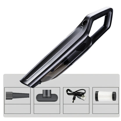 Handheld car vacuum cleaner with long nozzle and brush attachments for cleaning vehicle interiors