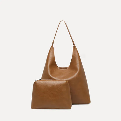 Women's PU tote bag 37x11x60 cm with small pouch, shown in Maillard brown and black colour options