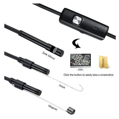 High-definition endoscope camera with 1200P HD resolution, adjustable LED lights, and waterproof design for versatile use on smartphones, tablets, and PCs.