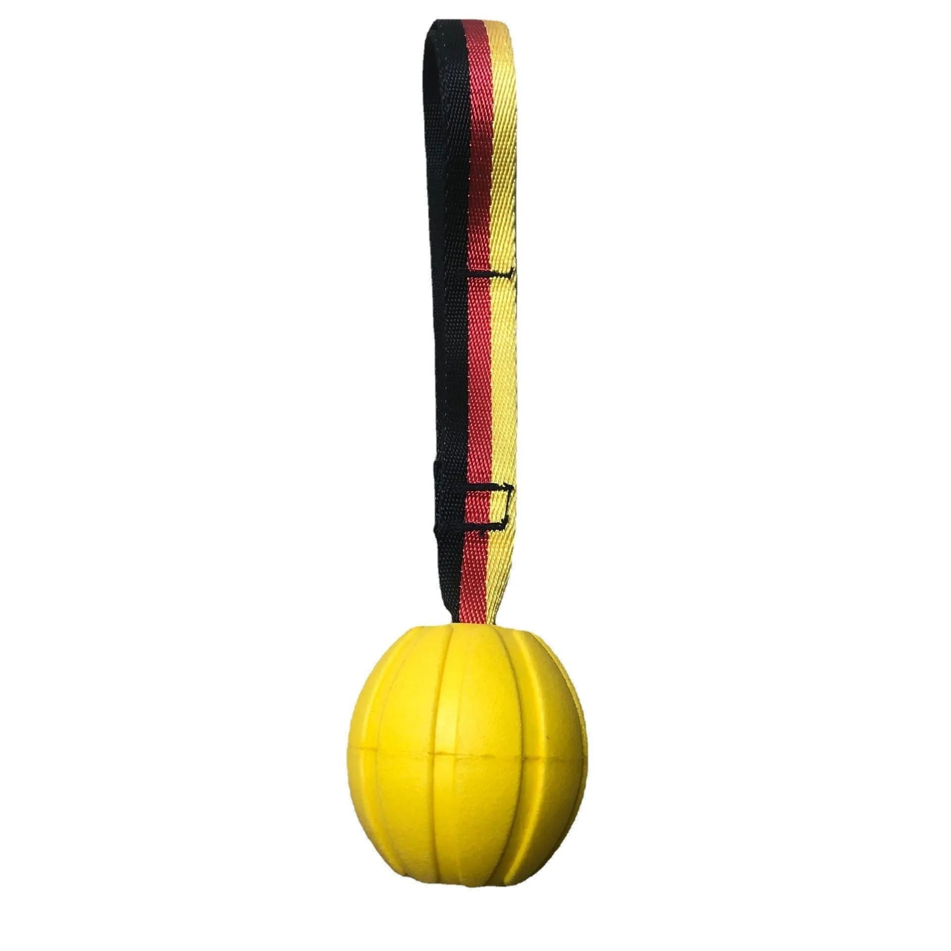 Camouflage and yellow EVA foam floating dog ball with knotted tetherball design.